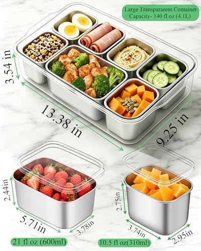 Snackle Box Container, Stainless Steel Divided Serving Tray with Lid and Handle, Large Snack Tray for Fruit, alternate view 3