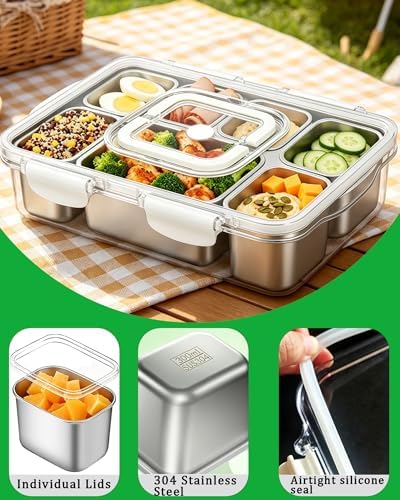 Snackle Box Container, Stainless Steel Divided Serving Tray with Lid and Handle, Large Snack Tray for Fruit, alternate view 5