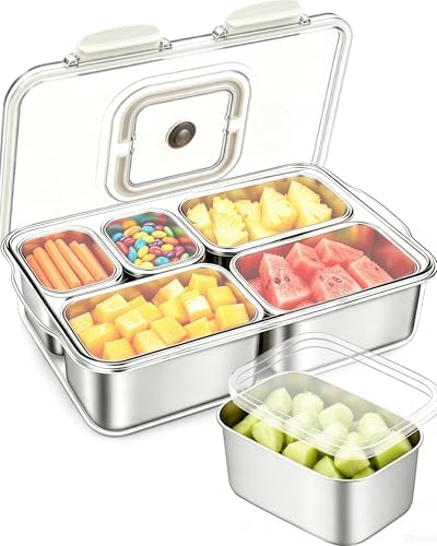 Snackle Box Container, Stainless Steel Divided Serving Tray with Lid and Handle, Large Snack Tray for Fruit