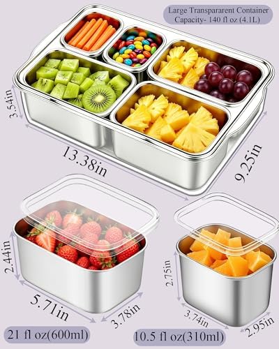 Snackle Box Container, Stainless Steel Divided Serving Tray with Lid and Handle, Large Snack Tray for Fruit, alternate view 3