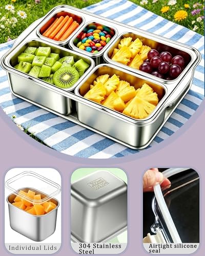 Snackle Box Container, Stainless Steel Divided Serving Tray with Lid and Handle, Large Snack Tray for Fruit, alternate view 4