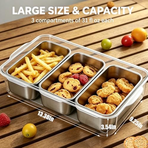 Snackle Box Container, Stainless Steel Divided Serving Tray with Lid and Handle, Large Snack Tray for Fruit, alternate view 2