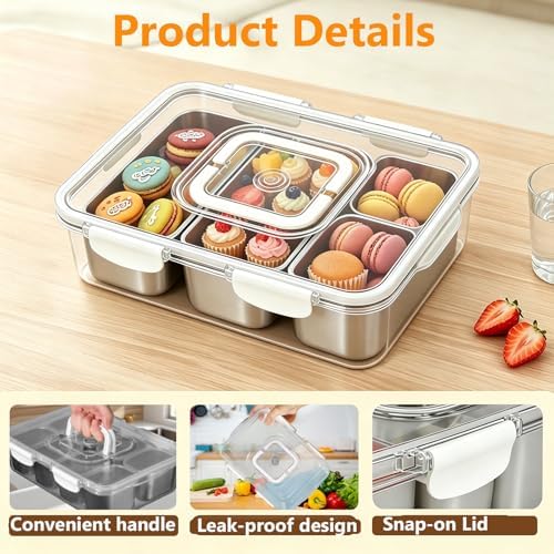 Snackle Box Container, Stainless Steel Divided Serving Tray with Lid and Handle, Large Snack Tray for Fruit, alternate view 4