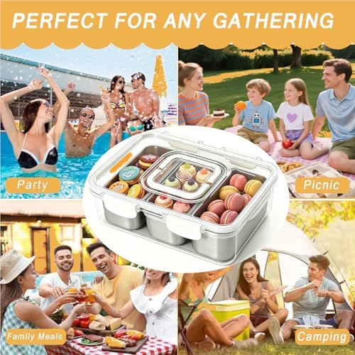 Snackle Box Container, Stainless Steel Divided Serving Tray with Lid and Handle, Large Snack Tray for Fruit, alternate view 6