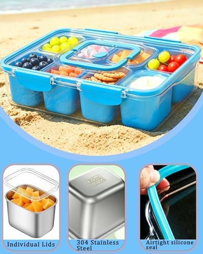 Snackle Box Container, Stainless Steel Divided Serving Tray with Lid and Handle, Large Snack Tray for Fruit, alternate view 5