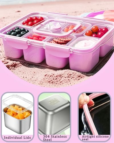 Snackle Box Container, Stainless Steel Divided Serving Tray with Lid and Handle, Large Snack Tray for Fruit, alternate view 4