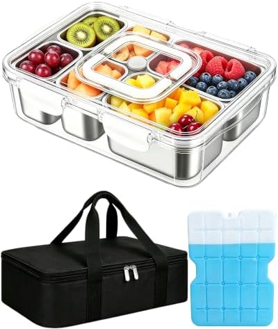 Snackle Box Container, Stainless Steel Divided Serving Tray with Lid and Handle, Large Snack Tray for Fruit
