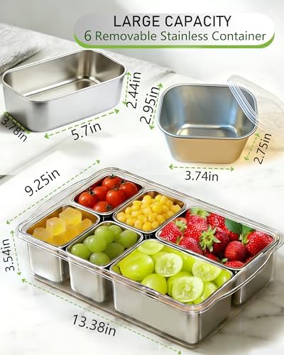 Snackle Box Container, Stainless Steel Divided Serving Tray with Lid and Handle, Large Snack Tray for Fruit, alternate view 2