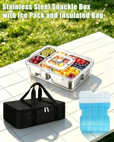 Snackle Box Container, Stainless Steel Divided Serving Tray with Lid and Handle, Large Snack Tray for Fruit, alternate view 3
