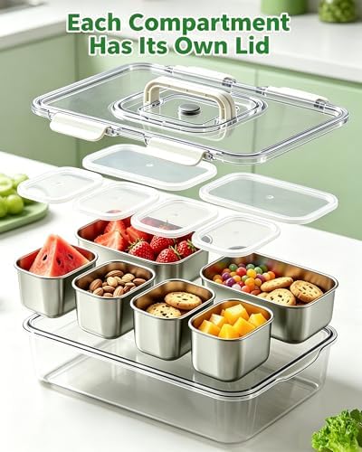 Snackle Box Container, Stainless Steel Divided Serving Tray with Lid and Handle, Large Snack Tray for Fruit, alternate view 4