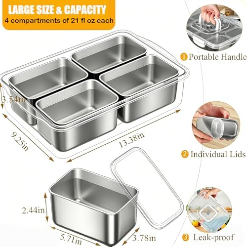 Snackle Box Container, Stainless Steel Divided Serving Tray with Lid and Handle, Large Snack Tray for Fruit, alternate view 2