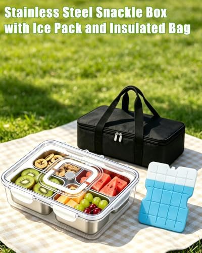 Snackle Box Container, Stainless Steel Divided Serving Tray with Lid and Handle, Large Snack Tray for Fruit, alternate view 3