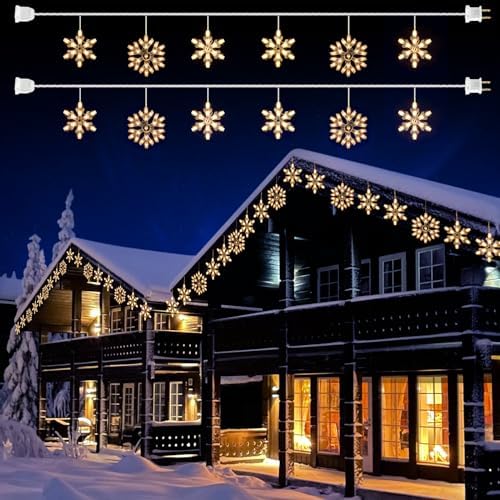 Snowflake Christmas String Lights - 2 Pack 6 Drops 8.8 Ft. 100 Mini Bulb Snowflake Icicle Lights with Hooks