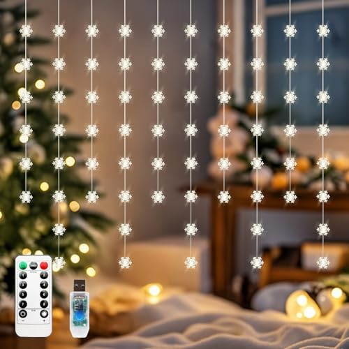 Snowflake Curtain Lights, Warm White Window Lights 70 Snowflakes Hanging Light with Remote Fairy Led Twinkle