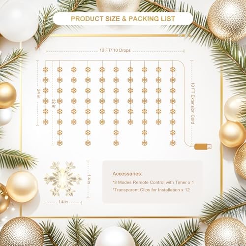 Snowflake Curtain Lights, Warm White Window Lights 70 Snowflakes Hanging Light with Remote Fairy Led Twinkle, alternate view