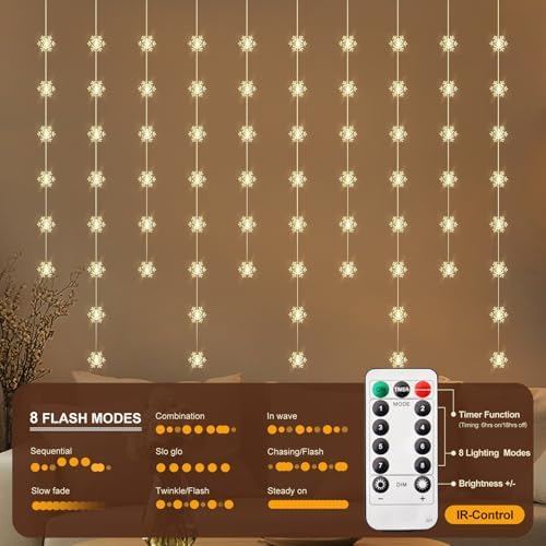Snowflake Curtain Lights, Warm White Window Lights 70 Snowflakes Hanging Light with Remote Fairy Led Twinkle, alternate view