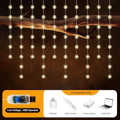 Snowflake Curtain Lights, Warm White Window Lights 70 Snowflakes Hanging Light with Remote Fairy Led Twinkle, alternate view