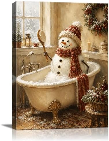 Snowman Christmas Canvas Wall Art, Funny Snowman in Bathtub Canvas Prints