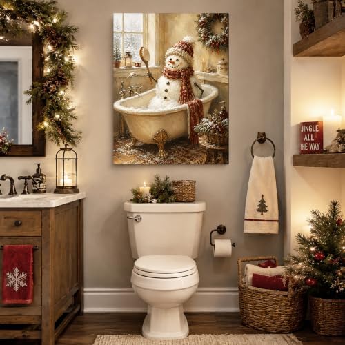 Snowman Christmas Canvas Wall Art, Funny Snowman in Bathtub Canvas Prints, alternate view 2