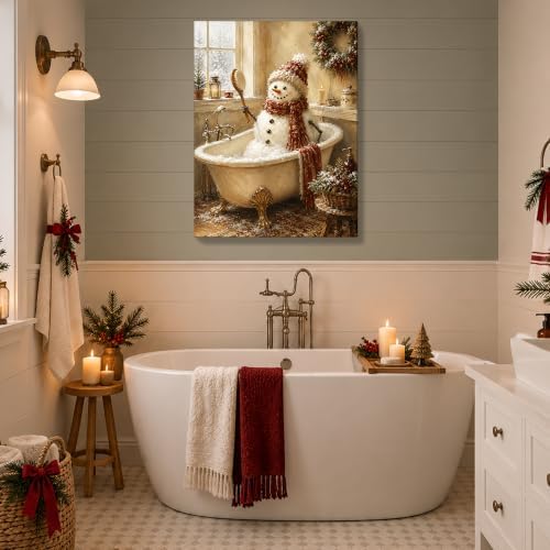 Snowman Christmas Canvas Wall Art, Funny Snowman in Bathtub Canvas Prints, alternate view 3