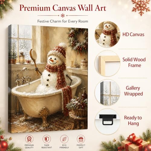 Snowman Christmas Canvas Wall Art, Funny Snowman in Bathtub Canvas Prints, alternate view 5