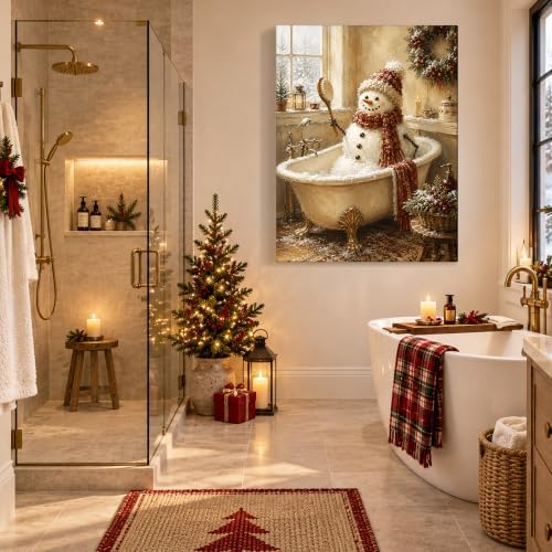 Snowman Christmas Canvas Wall Art, Funny Snowman in Bathtub Canvas Prints, alternate view 6