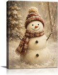 Snowman Christmas Canvas Wall Art, Snowman Snowy Pine Forest Canvas Prints