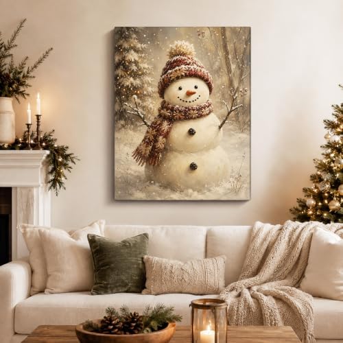 Snowman Christmas Canvas Wall Art, Snowman Snowy Pine Forest Canvas Prints, alternate view 2