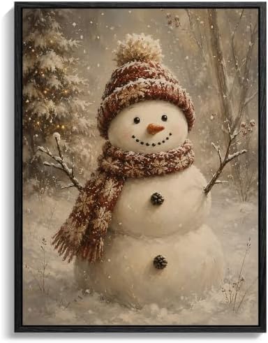 Snowman Framed Christmas Wall Art, Snowman Snowy Pine Forest Canvas Prints
