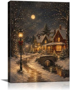 Snowy Christmas Village Wall Art, Moonlit Cottage Landscape Canvas Prints