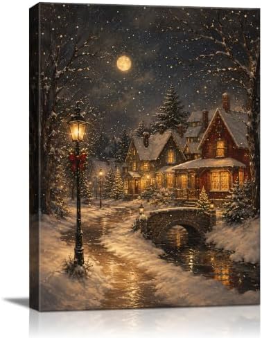 Snowy Christmas Village Wall Art, Moonlit Cottage Landscape Canvas Prints