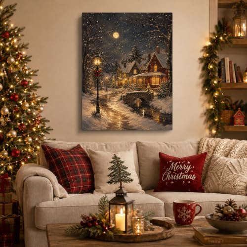 Snowy Christmas Village Wall Art, Moonlit Cottage Landscape Canvas Prints, alternate view 2