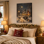 Snowy Christmas Village Wall Art, Moonlit Cottage Landscape Canvas Prints, alternate view 3