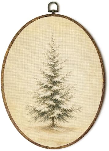 Snowy Evergreen Tree Oval Wall Art, Winter Pine Tree Framed Canvas Prints Wall Art, Neutral Rustic Winter Oval