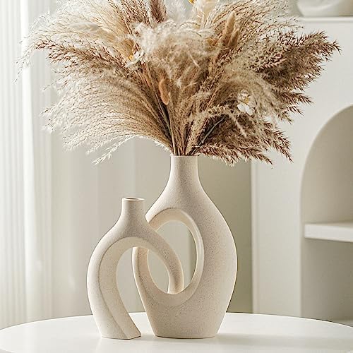 Snuggle Hollow Ceramic Vase of 2, Boho Nordic Modern Home Decor Vase in Extra Large Cream White