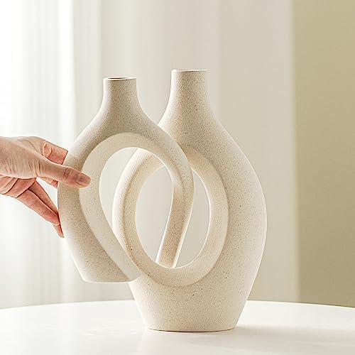 Snuggle Hollow Ceramic Vase of 2, Boho Nordic Modern Home Decor Vase in Extra Large Cream White, alternate view 5