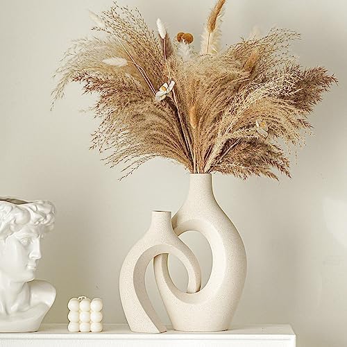 Snuggle Hollow Ceramic Vase of 2, Boho Nordic Modern Home Decor Vase in Extra Large Cream White, alternate view 6