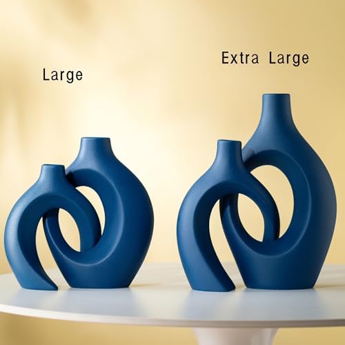 Snuggle Hollow Ceramic Vase of 2, Modern Minimalist Decorative Vases in Extra Large Navy Blue, alternate view 3