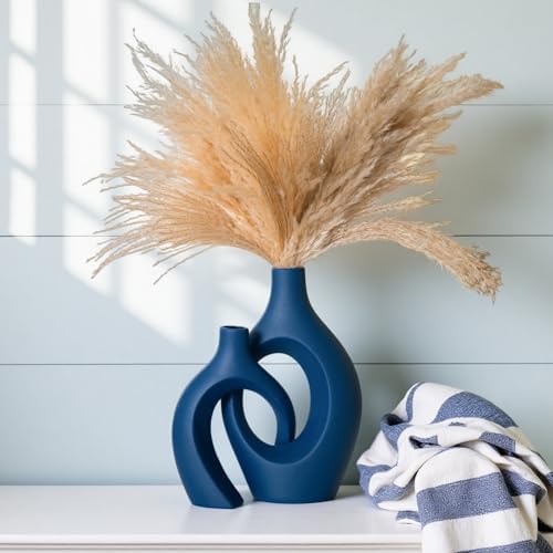 Snuggle Hollow Ceramic Vase of 2, Modern Minimalist Decorative Vases in Extra Large Navy Blue, alternate view 7
