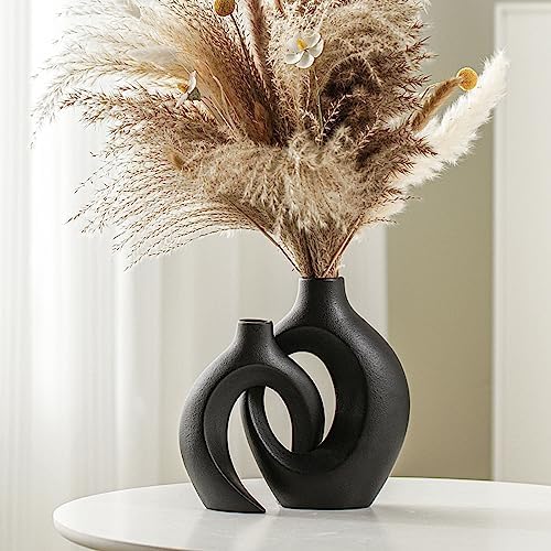 Snuggle Hollow Ceramic Vase Set of 2 for Nordic Boho Home Decor in Large Matte Black