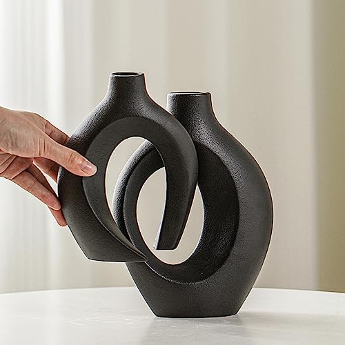 Snuggle Hollow Ceramic Vase Set of 2 for Nordic Boho Home Decor in Large Matte Black, alternate view 3