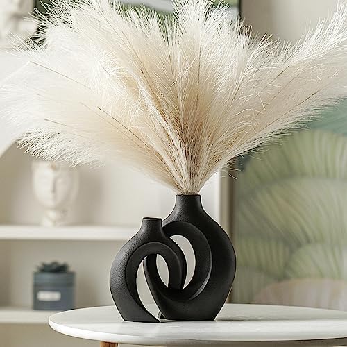 Snuggle Hollow Ceramic Vase Set of 2 for Nordic Boho Home Decor in Large Matte Black, alternate view 4