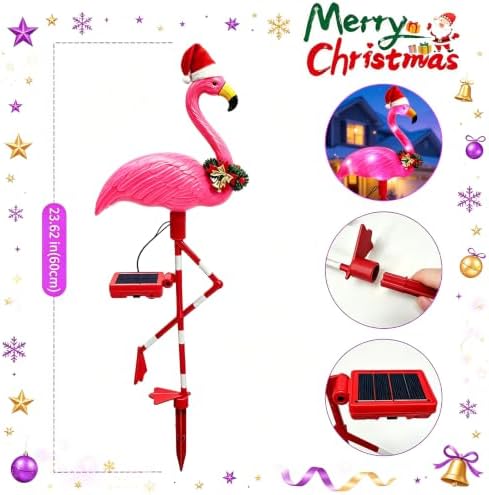 Solar Christmas Decorations, 2 Pack Solar Pink Flamingos Lights for Outdoor Yard, alternate view 2