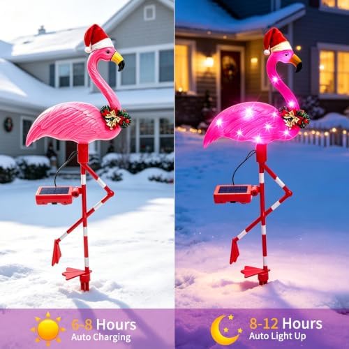 Solar Christmas Decorations, 2 Pack Solar Pink Flamingos Lights for Outdoor Yard, alternate view 3