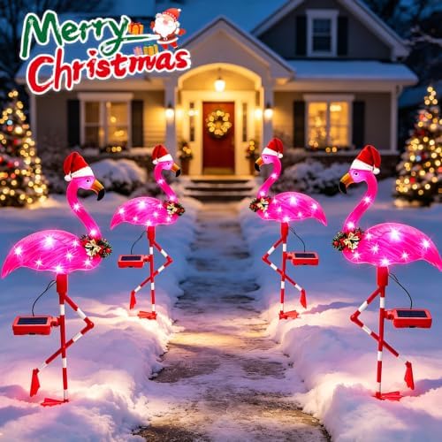 Solar Christmas Decorations, 2 Pack Solar Pink Flamingos Lights for Outdoor Yard, alternate view 4