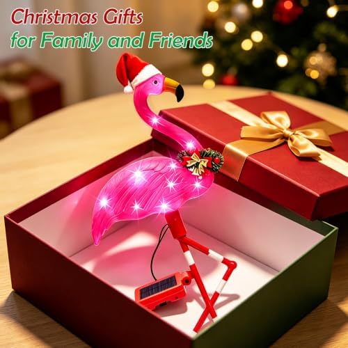Solar Christmas Decorations, 2 Pack Solar Pink Flamingos Lights for Outdoor Yard, alternate view 6