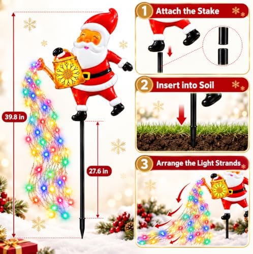 Solar Christmas Lights Outdoor Decorations, Santa Claus Watering Can Garden Stake with 90 LED Multicolor, alternate view 6