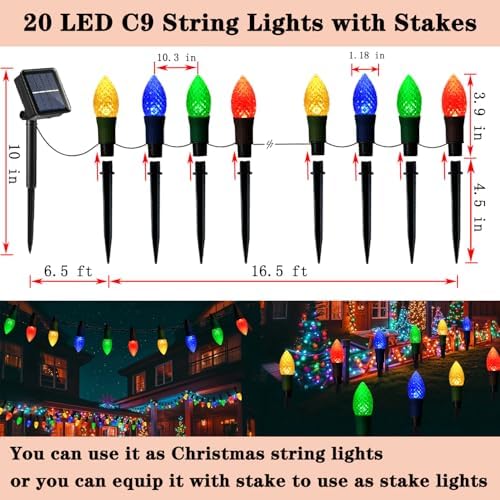 Solar Christmas Pathway Lights, 20 LED C9 String Lights with 20 Stakes, 23FT Solar Powered Multicolored, alternate view 2