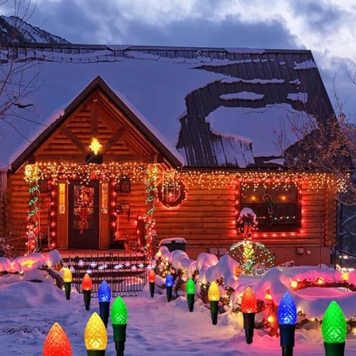 Solar Christmas Pathway Lights, 20 LED C9 String Lights with 20 Stakes, 23FT Solar Powered Multicolored, alternate view 4