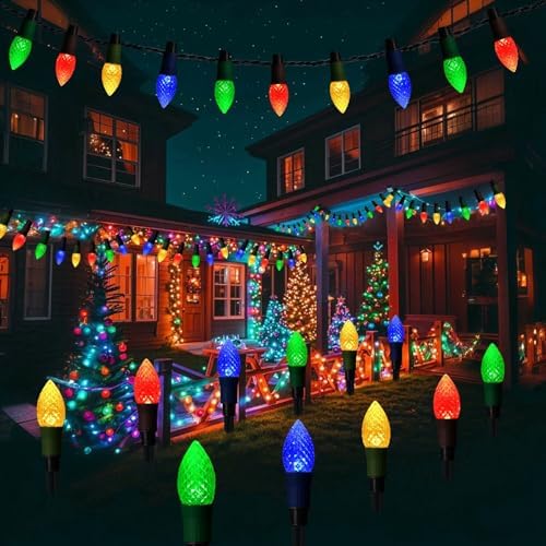 Solar Christmas Pathway Lights, 20 LED C9 String Lights with 20 Stakes, 23FT Solar Powered Multicolored, alternate view 5